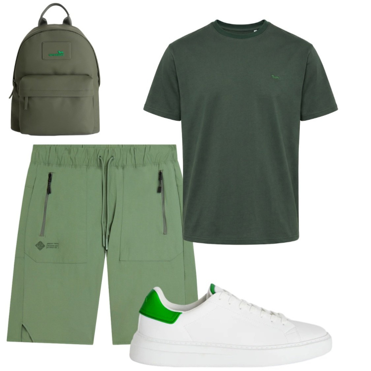 Outfit uomo - Viaggio in macchina. Stile Casual per Tutti i giorni. Abbinamento con borse sportive, t-shirt, sneakers, bermuda.