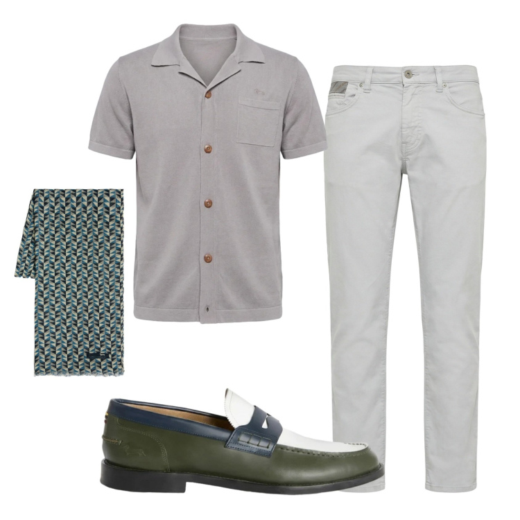 Outfit uomo - Total look #2442915. Stile Trendy per Serata speciale. Abbinamento con pantaloni, sciarpe, camicie a manica corta, scarpe stringate.