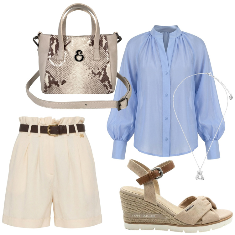 Outfit donna - Total look #2442917. Stile Bon Ton per Tutti i giorni. Abbinamento con sandali col tacco, borse a mano, ciondoli, shorts, camicie.
