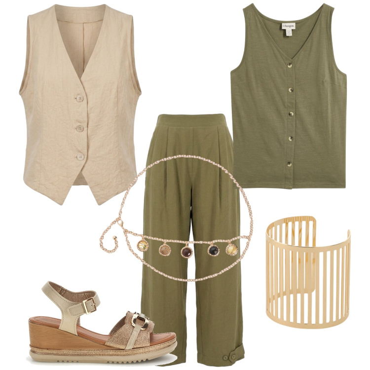 Outfit donna - Total look #2442920. Stile Trendy per Tutti i giorni. Abbinamento con top, cinture, braccialetti, pantaloni, gilet, sandali.