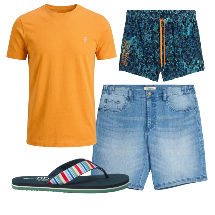 Outfit uomo - Total look #2442925. Stile Casual per Mare. Abbinamento con shorts, costumi, t-shirt, sandali.