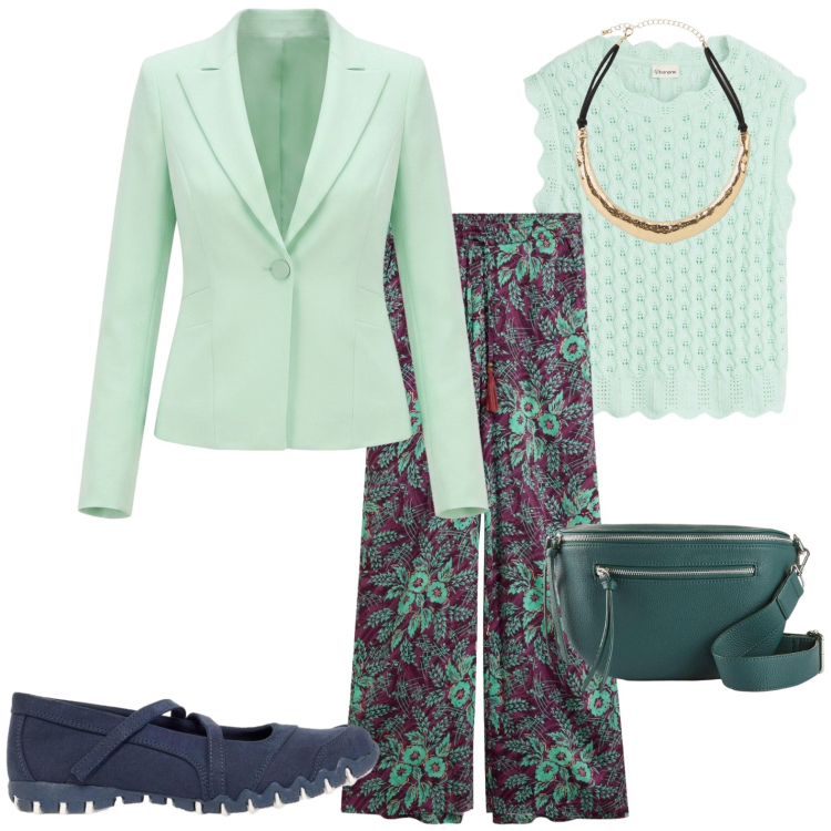 Outfit donna - Total look #2442927. Stile Casual chic per Tutti i giorni. Abbinamento con canottiere, collane, marsupi, ballerine, pantaloni a palazzo, blazer.