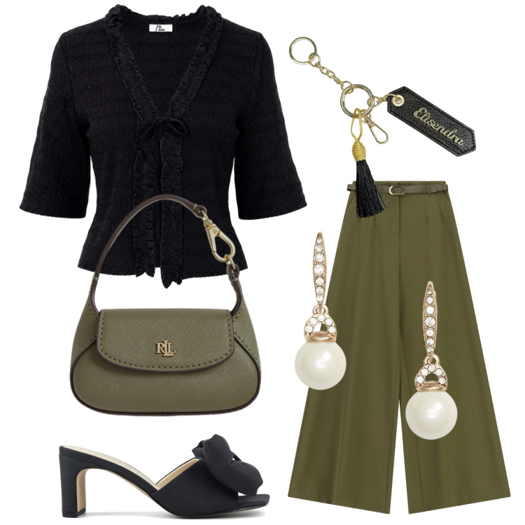 Outfit donna - Total look #2442929. Stile Chic per Serata fuori. Abbinamento con top, portachiavi, orecchini, borse a mano, pantaloni a palazzo, sandali col tacco.