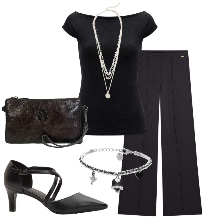 Outfit donna - Black. Stile Casual per Tutti i giorni. Abbinamento con décolleté, collane, top, pochette, braccialetti, pantaloni.