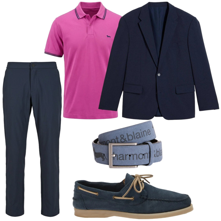 Outfit uomo - Trendy. Stile Trendy per Ufficio. Abbinamento con giacche, cinture, polo, scarpe stringate, pantaloni.