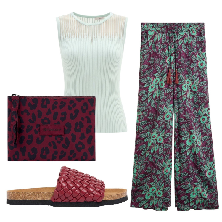 Outfit donna - Total look #2442943. Stile Basic per Tutti i giorni. Abbinamento con ciabatte, pantaloni a palazzo, clutch, top.