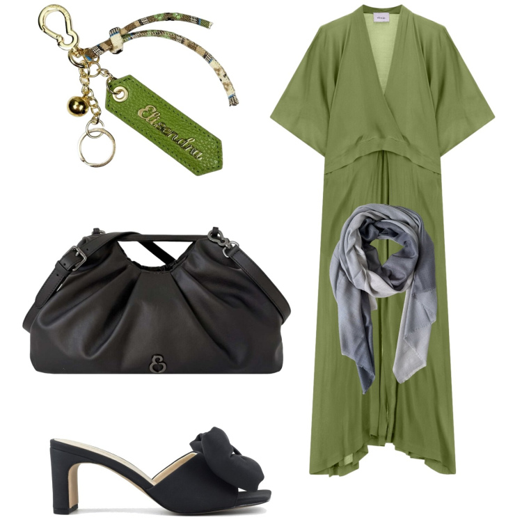 Outfit donna - Total look #2442944. Stile Trendy per Serata fuori. Abbinamento con foulard, clutch, portachiavi, vestiti lunghi, sandali col tacco.