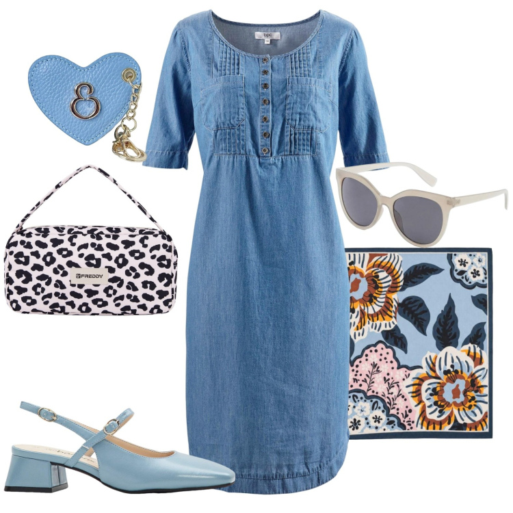 Outfit donna - Jeans. Stile Casual per Tutti i giorni. Abbinamento con vestiti midi/longuette, décolleté, occhiali da sole, foulard, portachiavi, borse a spalla.