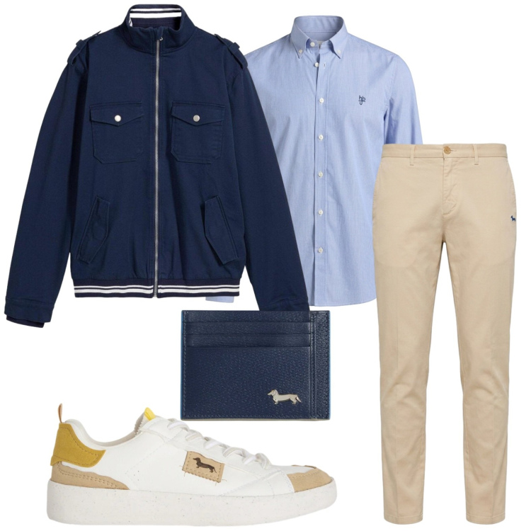 Outfit uomo - Casual chic. Stile Trendy per Tutti i giorni. Abbinamento con giacche, sneakers, portafogli, pantaloni chino, camicie.