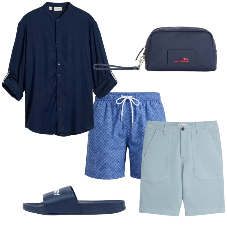 Outfit uomo - Total look #2442951. Stile Casual per Mare. Abbinamento con camicie, shorts, borse sportive, costumi, sandali.