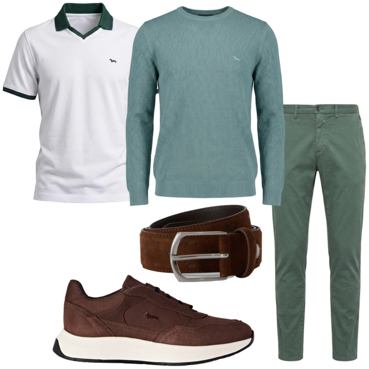Outfit uomo - Il pull salvia. Stile Trendy per Tutti i giorni. Abbinamento con polo, pullovers, pantaloni chino, cinture, sneakers.
