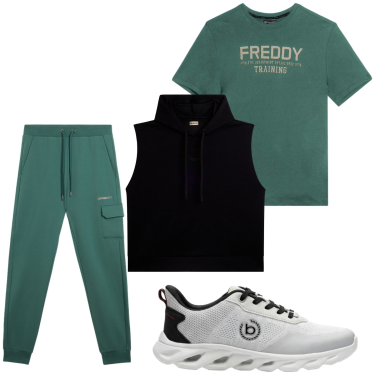 Outfit uomo - Giornata sportiva. Stile Trendy per Tutti i giorni. Abbinamento con sneakers, pantaloni cargo, t-shirt, felpe con cappuccio.