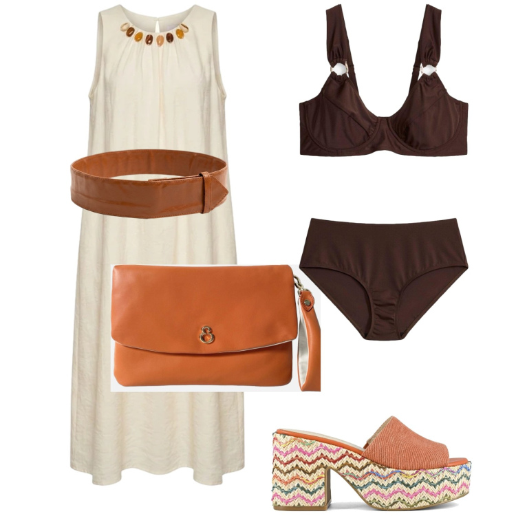 Outfit donna - In vacanzaaaaa. Stile Casual per Mare. Abbinamento con bikini, pochette, cinture, vestiti midi/longuette, sandali col tacco.