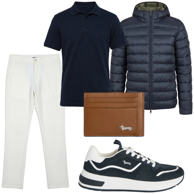 Outfit uomo - Eleganza rilassata. Stile Trendy per Tutti i giorni. Abbinamento con portafogli, sneakers, polo, giacche, pantaloni.