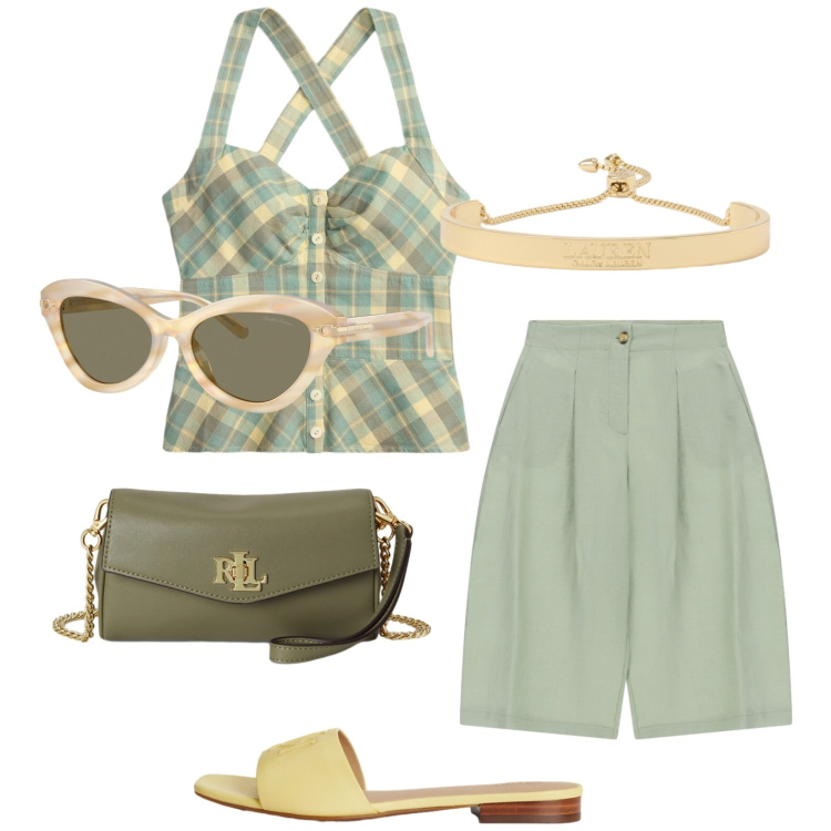 Outfit donna - Modalità vacanza. Stile Trendy per Tutti i giorni. Abbinamento con occhiali da sole, ciabatte, braccialetti, portafogli, top, shorts.