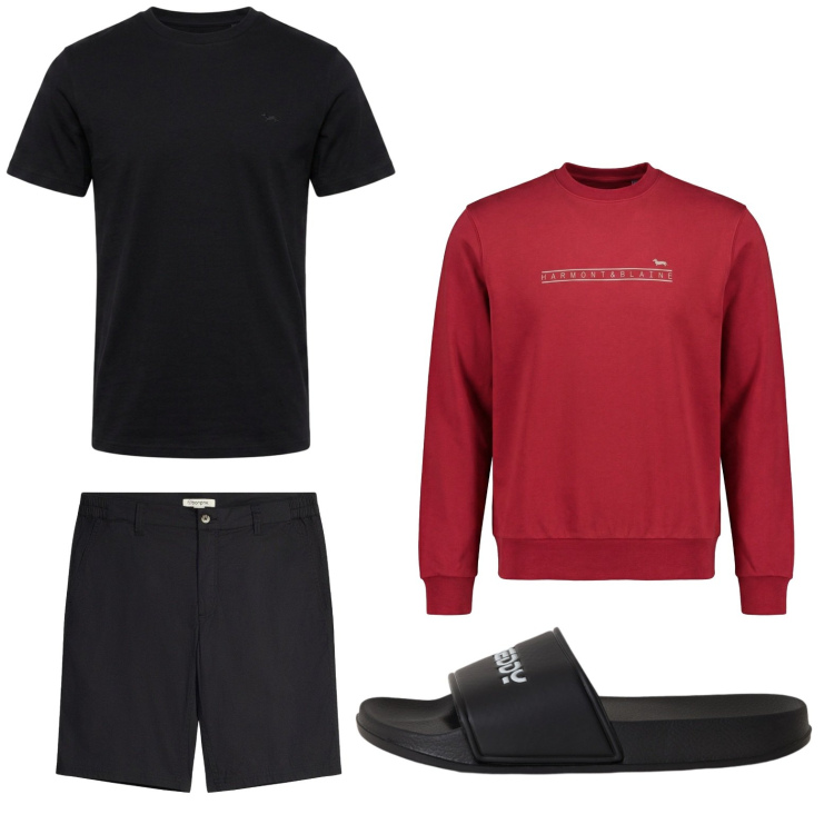 Outfit uomo - Look vacanziero. Stile Trendy per Tutti i giorni. Abbinamento con bermuda, felpe, t-shirt, sandali.
