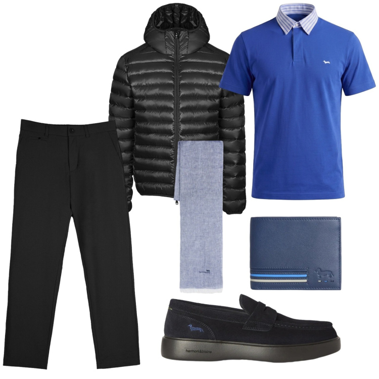 Outfit uomo - Blu e nero. Stile Trendy per Tutti i giorni. Abbinamento con portafogli, sciarpe, scarpe stringate, polo, pantaloni chino, bomber.