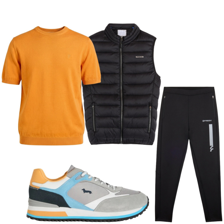 Outfit uomo - Passeggiata mattutina. Stile Casual per Tutti i giorni. Abbinamento con sneakers, t-shirt, pantaloni, piumini.