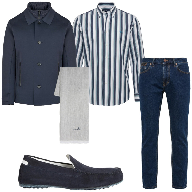Outfit uomo - Tonalità blu. Stile Trendy per Tutti i giorni. Abbinamento con scarpe stringate, pantaloni, sciarpe, camicie, giacche.