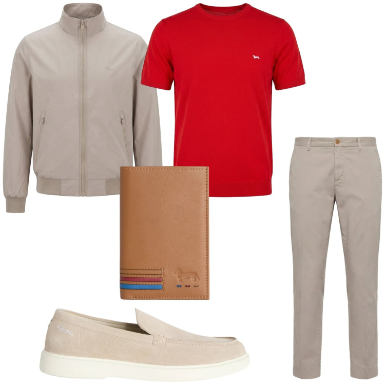 Outfit uomo - Contrasti. Stile Trendy per Tutti i giorni. Abbinamento con scarpe stringate, portafogli, pantaloni chino, bomber, t-shirt.