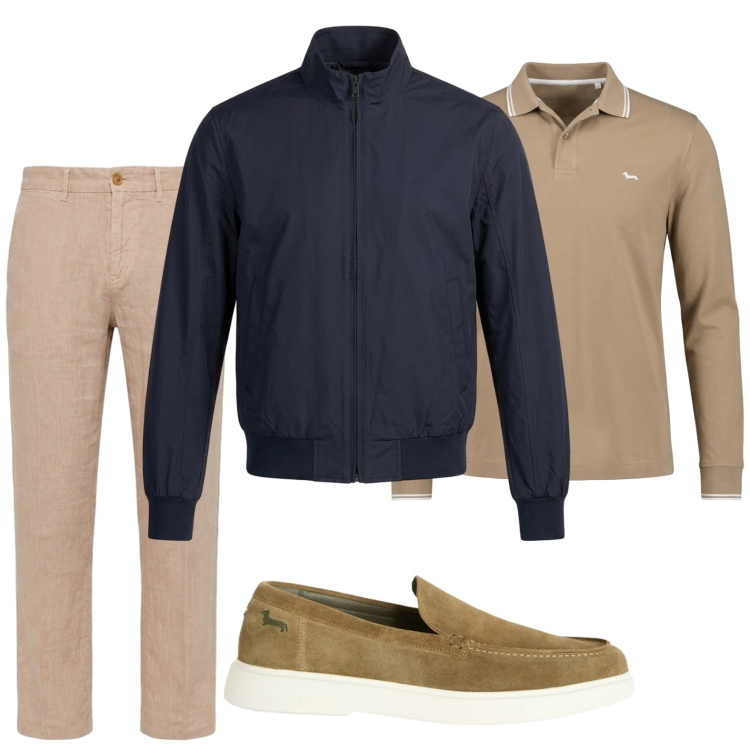 Outfit uomo - Toni caldi. Stile Casual per Tutti i giorni. Abbinamento con polo, scarpe stringate, pantaloni chino, bomber.