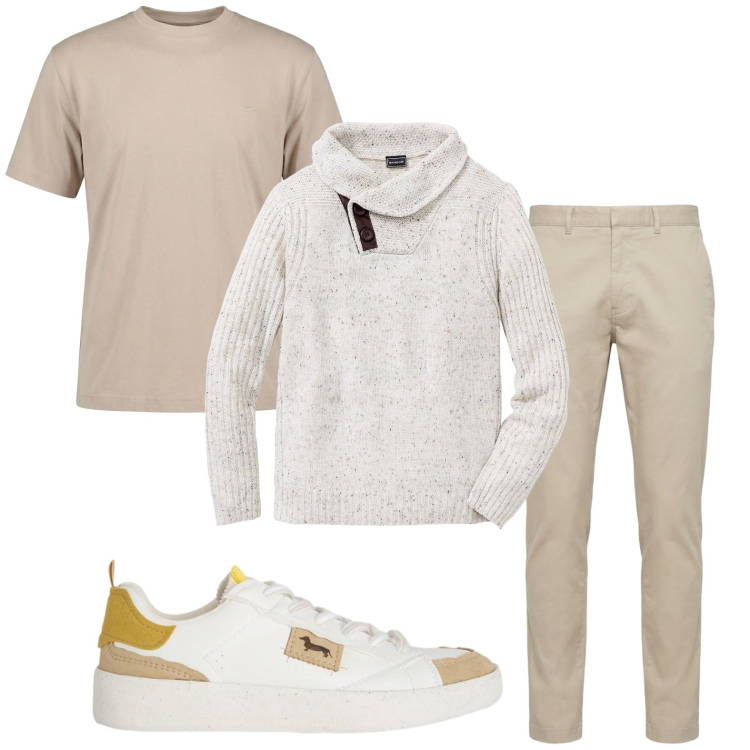 Outfit uomo - Colori soft. Stile Trendy per Tutti i giorni. Abbinamento con maglieria, sneakers, t-shirt, pantaloni.