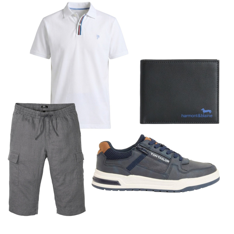 Outfit uomo - Minimal. Stile Casual per Tutti i giorni. Abbinamento con bermuda, sneakers, portafogli, polo.