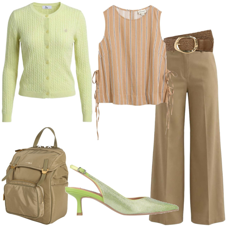 Outfit donna - Al lavoro. Stile Casual per Ufficio. Abbinamento con zaini, décolleté, canottiere, cinture, pantaloni a palazzo, cardigans.