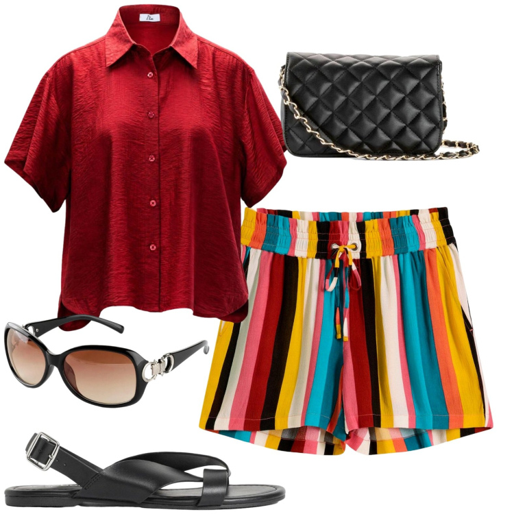 Outfit donna - Vacanza. Stile Casual per Mare. Abbinamento con sandali, pantaloni corti, occhiali da sole, borse a tracolla, camicie a manica corta.