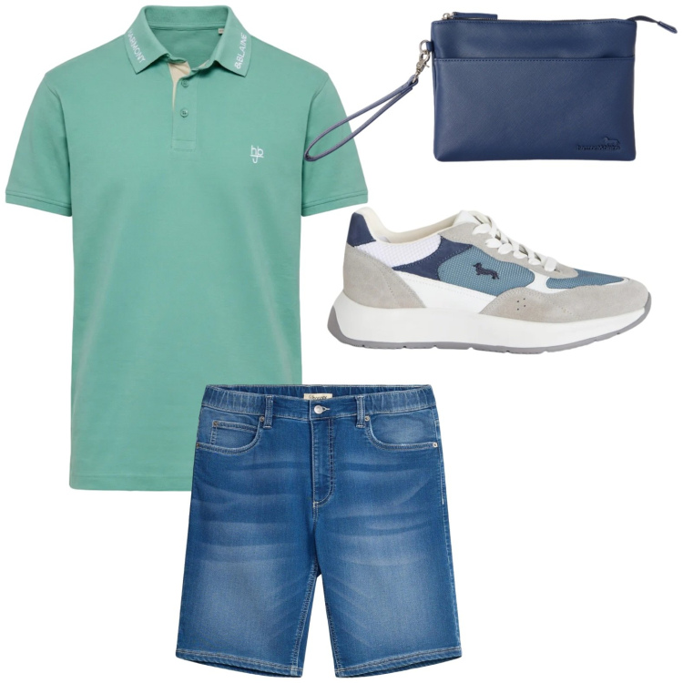 Outfit uomo - Total look #2443052. Stile Trendy per Mare. Abbinamento con bermuda, sneakers, polo, borse sportive.