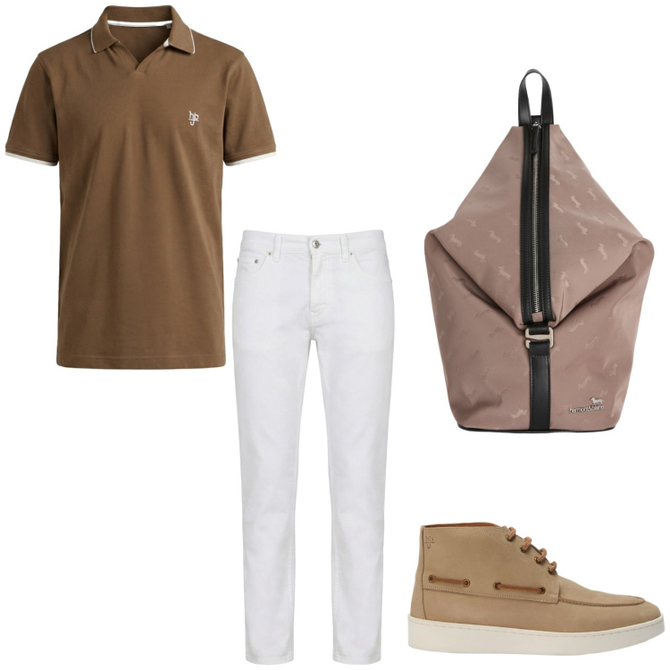 Outfit uomo - Total look #2443060. Stile Casual per Mare. Abbinamento con pantaloni, borse sportive, polo, stivali e stivaletti.