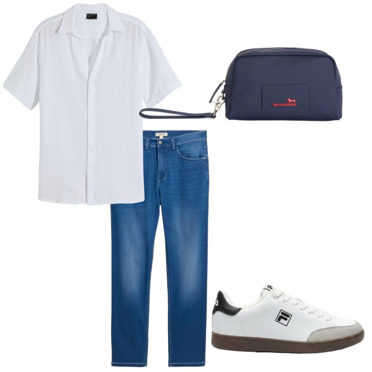 Outfit uomo - Total look #2443063. Abbinamento con camicie a manica corta, jeans dritti, sneakers, borse sportive.