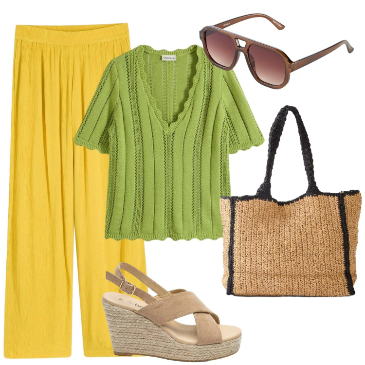 Outfit donna - Agosto solare. Stile Glamour per Tutti i giorni. Abbinamento con pantaloni, occhiali da sole, sandali col tacco, bluse, shopping bag.