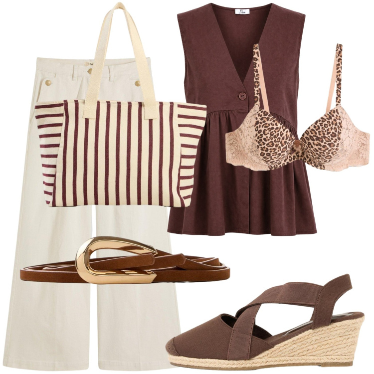 Outfit donna - Casual. Stile Casual per Tutti i giorni. Abbinamento con pantaloni, cinture, shopping bag, zeppe, reggiseni, gilet.