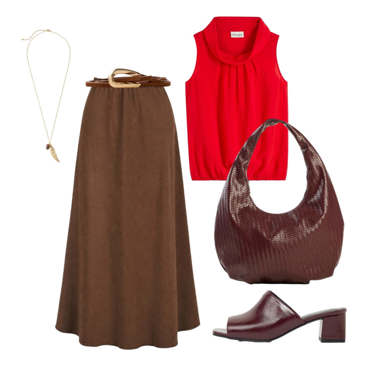 Outfit donna - Luglio. Stile Trendy per Tutti i giorni. Abbinamento con top, ciabatte, borse a mano, collane, cinture, gonne lunghe.