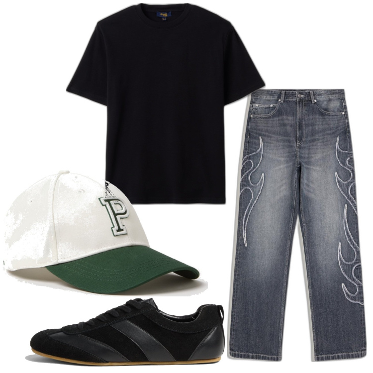Outfit hombre - Casual look. Estilo Casual para Todos los días. Combinación con sombreros o gorros con visera, vaqueros, sneakers, camiseta.