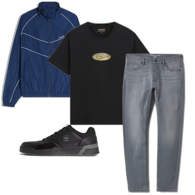 Outfit hombre - Casual look. Estilo Casual para Todos los días. Combinación con vaqueros pitillo, chaquetas, camiseta, sneakers.