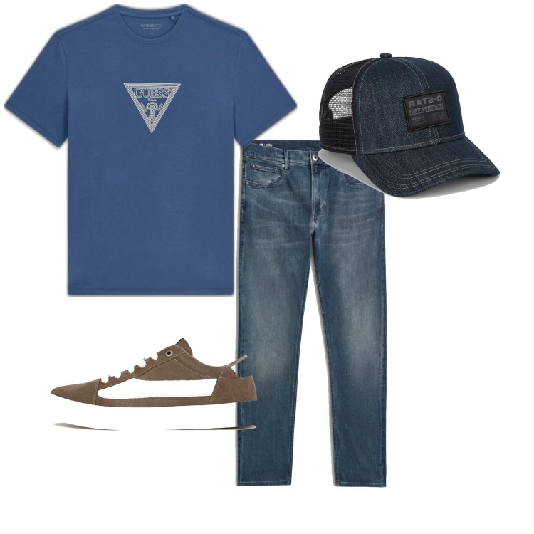 Outfit hombre - Casual look. Estilo Casual para Todos los días. Combinación con sombreros o gorros con visera, vaqueros rectos, camiseta, sneakers.