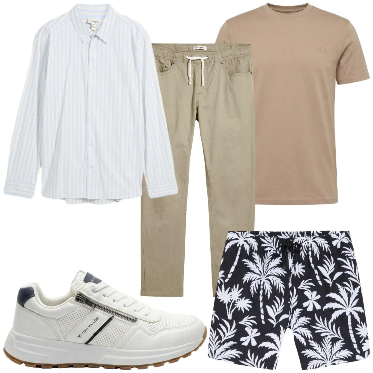 Outfit uomo - Total look #2443143. Stile Trendy per Mare. Abbinamento con pantaloni, camicie, sneakers, costumi, t-shirt.