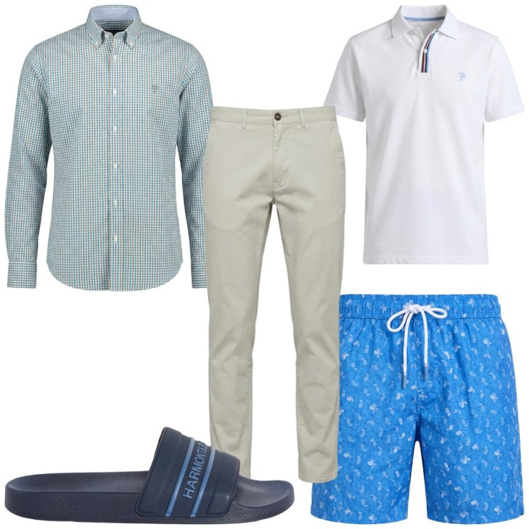 Outfit uomo - Total look #2443145. Stile Trendy per Mare. Abbinamento con pantaloni, sandali, camicie, polo, costumi.