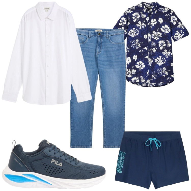Outfit uomo - Total look #2443148. Stile Trendy per Mare. Abbinamento con camicie, sneakers, jeans dritti, camicie a manica corta, costumi.