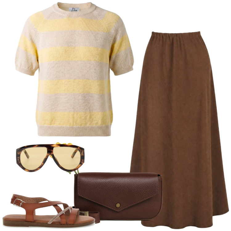 Outfit donna - Al tramonto. Stile Casual per Tutti i giorni. Abbinamento con gonne lunghe, maglieria, borse a tracolla, occhiali da sole, sandali.