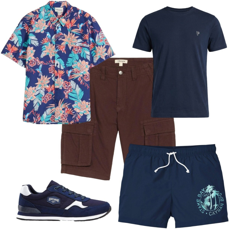 Outfit uomo - Total look #2443151. Stile Trendy per Mare. Abbinamento con costumi, sneakers, camicie a manica corta, bermuda, t-shirt.
