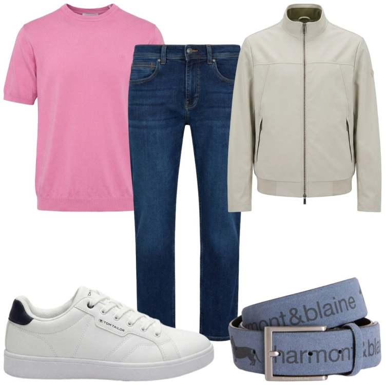 Outfit uomo - Total look #2443153. Stile Casual per Tutti i giorni. Abbinamento con sneakers, cinture, giacche, jeans dritti, t-shirt.