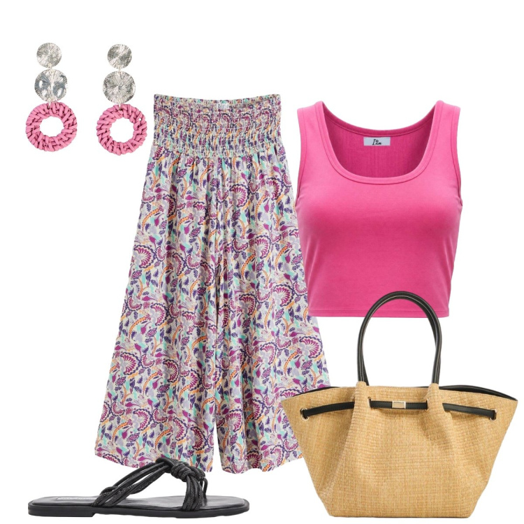 Outfit donna - Estate in fuxia. Stile Boho per Serata fuori. Abbinamento con pantaloni a palazzo, orecchini, shopping bag, sandali, canottiere.