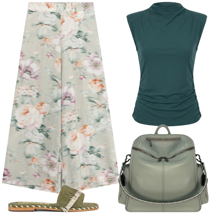 Outfit donna - Total look #2443161. Stile Casual chic per Tutti i giorni. Abbinamento con pantaloni a palazzo, top, zaini, ciabatte.