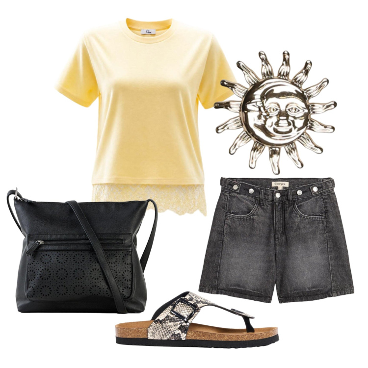 Outfit donna - Luglio. Stile Casual per Tutti i giorni. Abbinamento con shorts, borse a tracolla, infradito, t-shirt, blazer.
