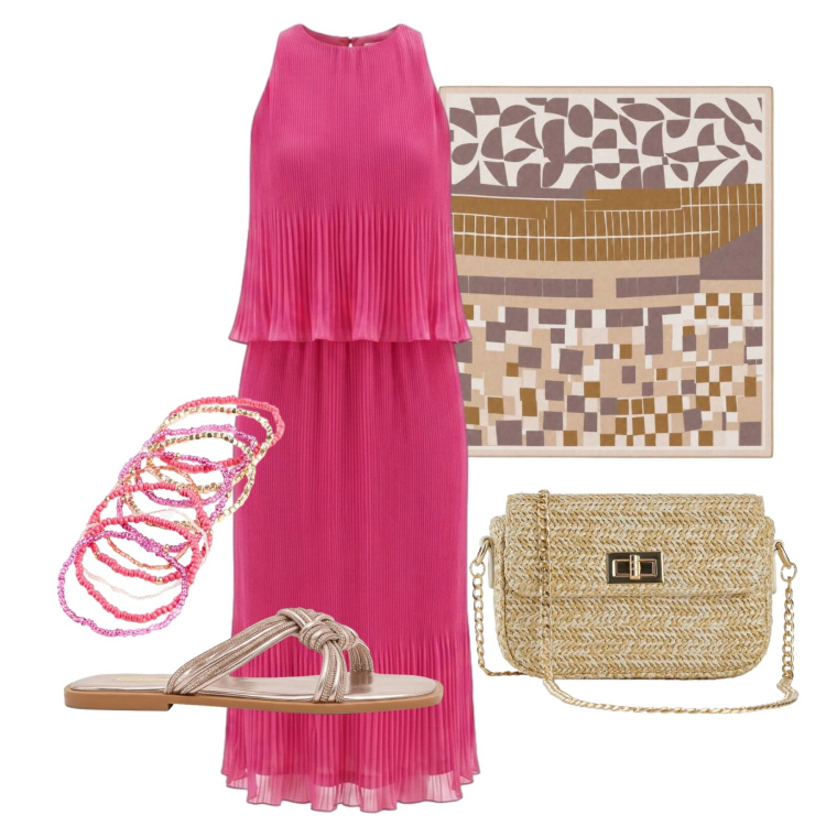 Outfit donna - Agosto. Stile Glamour per Mare. Abbinamento con braccialetti, borse a tracolla, sandali, vestiti midi/longuette, foulard.