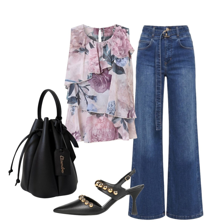 Outfit donna - Anni ‘70 chic. Stile 70s per Tutti i giorni. Abbinamento con décolleté, top, jeans, borse a secchiello.