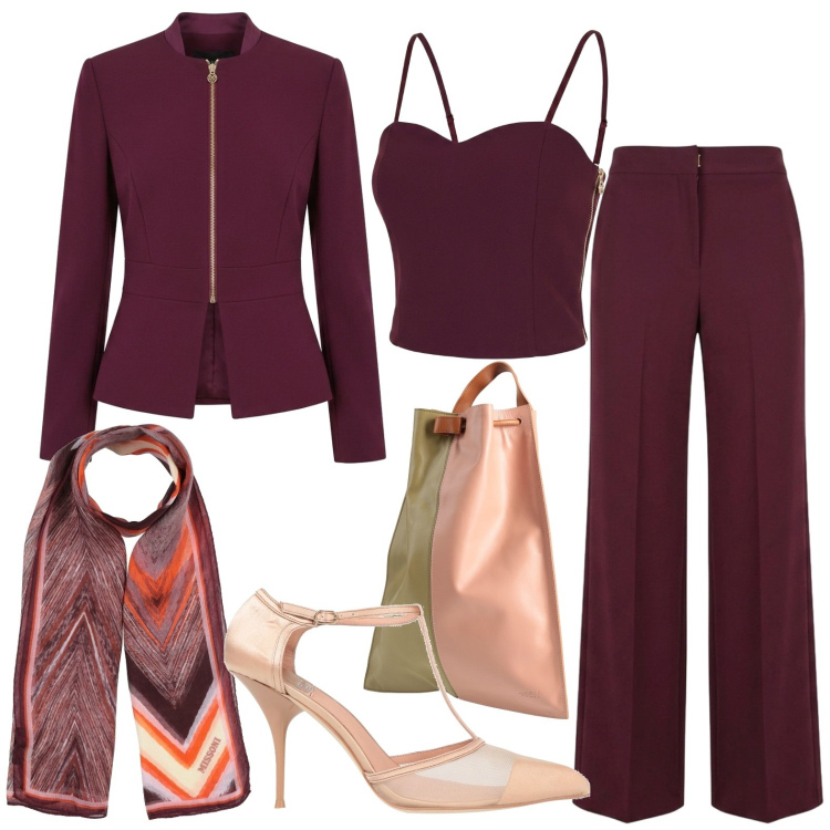 Outfit donna - Chic. Stile Chic per Serata fuori. Abbinamento con zaini, sciarpe, décolleté, pantaloni a palazzo, blazer, top.